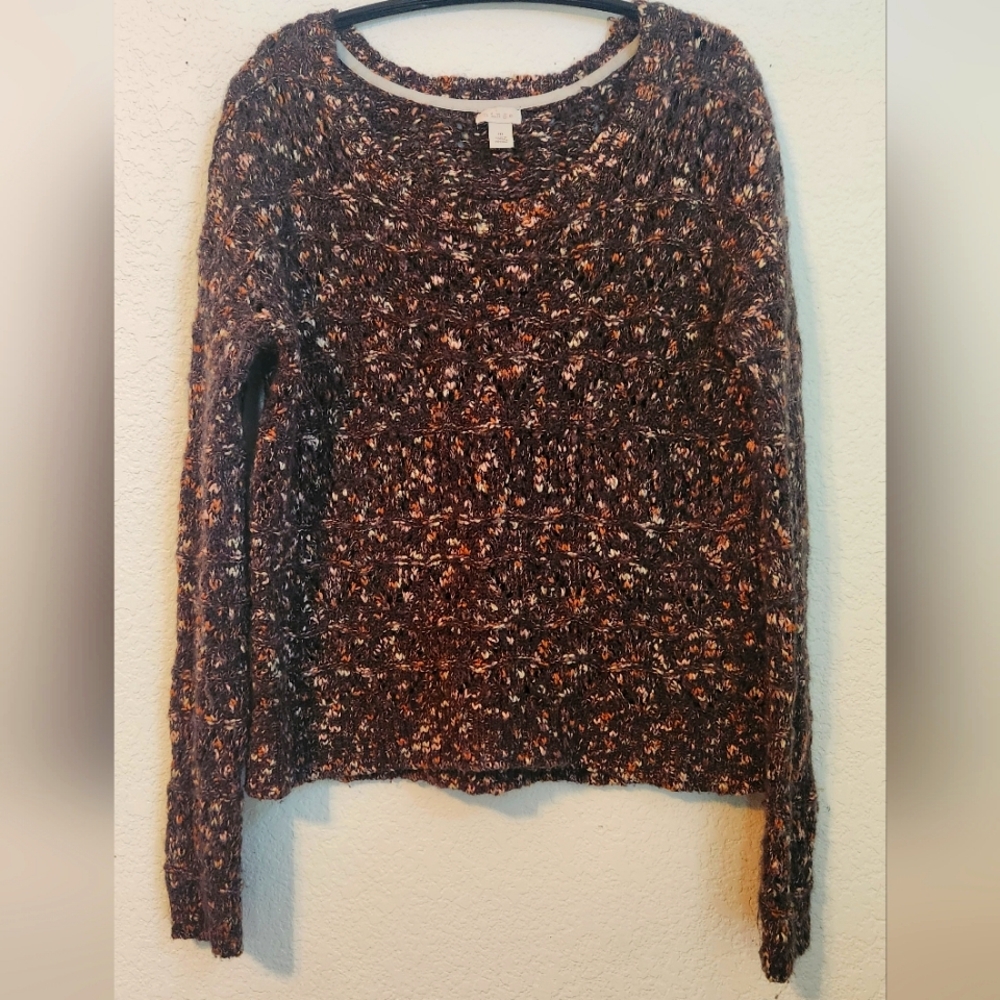 Hinge Open Knit Brown Flecked Long Sleeve Sweater, Size M